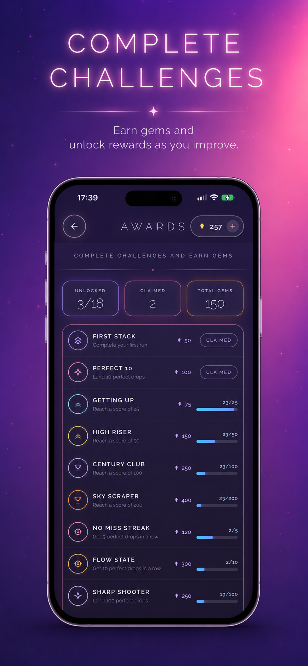 STACK challenges screen with goals and rewards