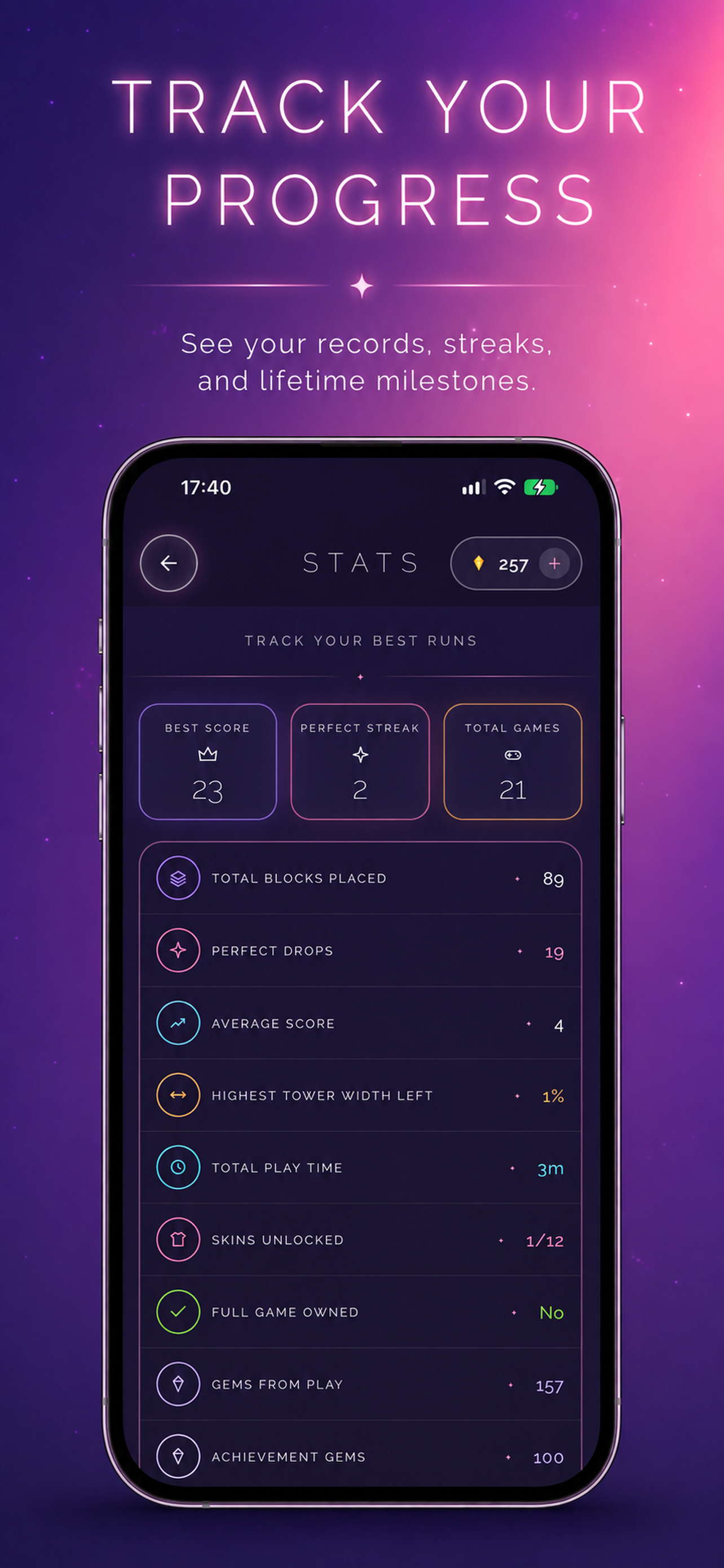 STACK progress screen showing stats and achievements
